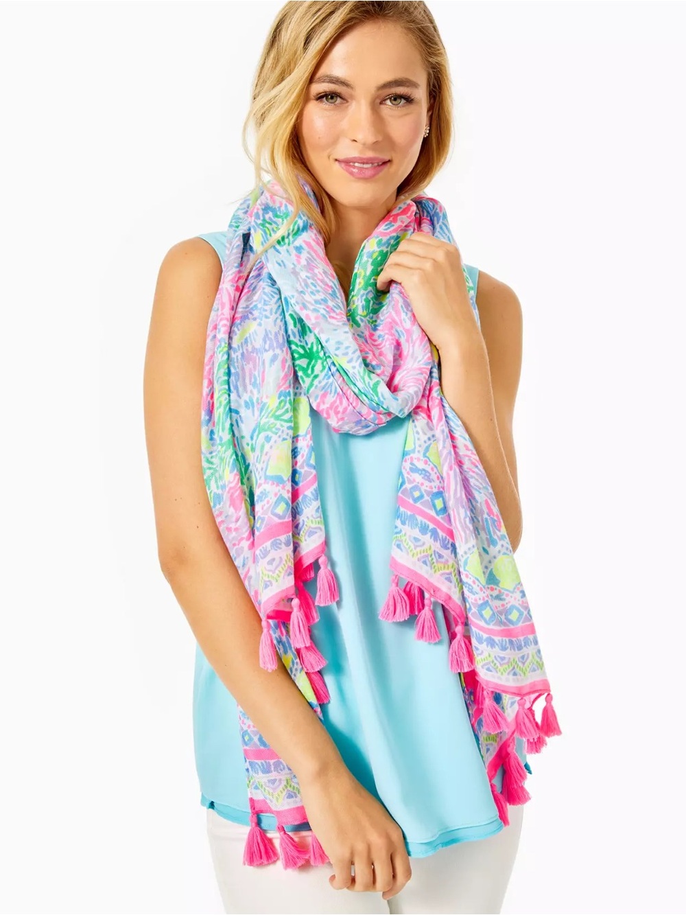 Lilly Pulitzer Pink & Turquoise Floral Tassel Scarf